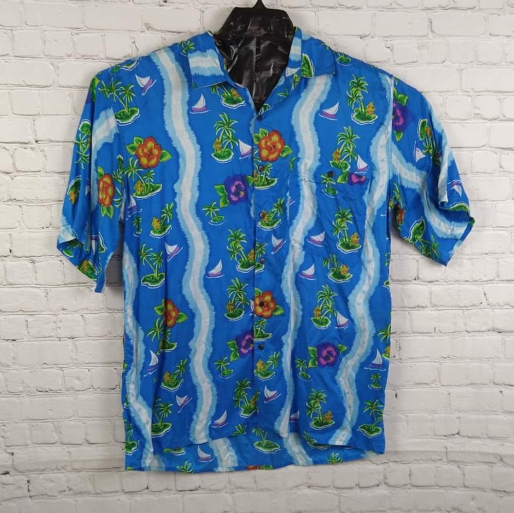 Montage Tropics 100% Silk Button Up Shirt Size L